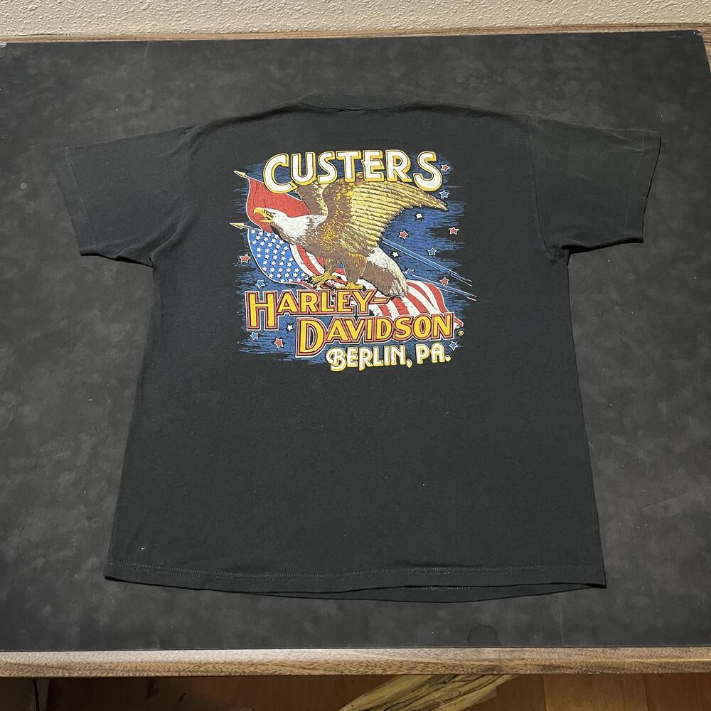 Vintage Harley Davidson Shirt Wanted Posted Large USA Berlin PA 80s 3D Emblem - Picture 2 of 11